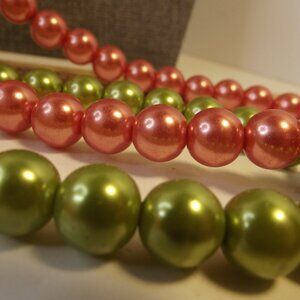 Lot of 2 Faux Pearl Necklaces & Matching Earrings PEACH & CHARTREUSE